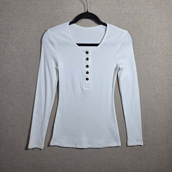 Unbranded Tops - Ribbed Long Sleeve Henley Gold Snapp Womens Size S White